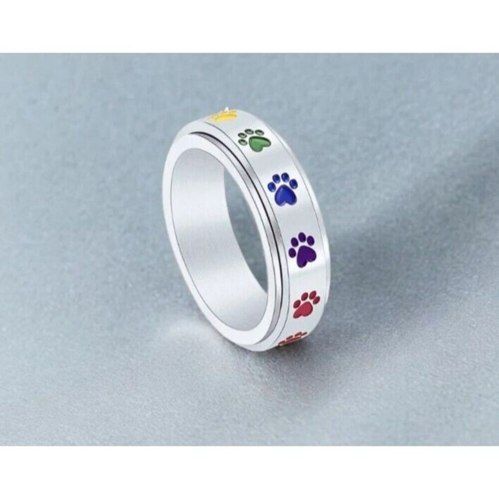 Size 12 Paw Print Spin‎ Ring Silver Stainless Steal Stress Relief Pet Gifts